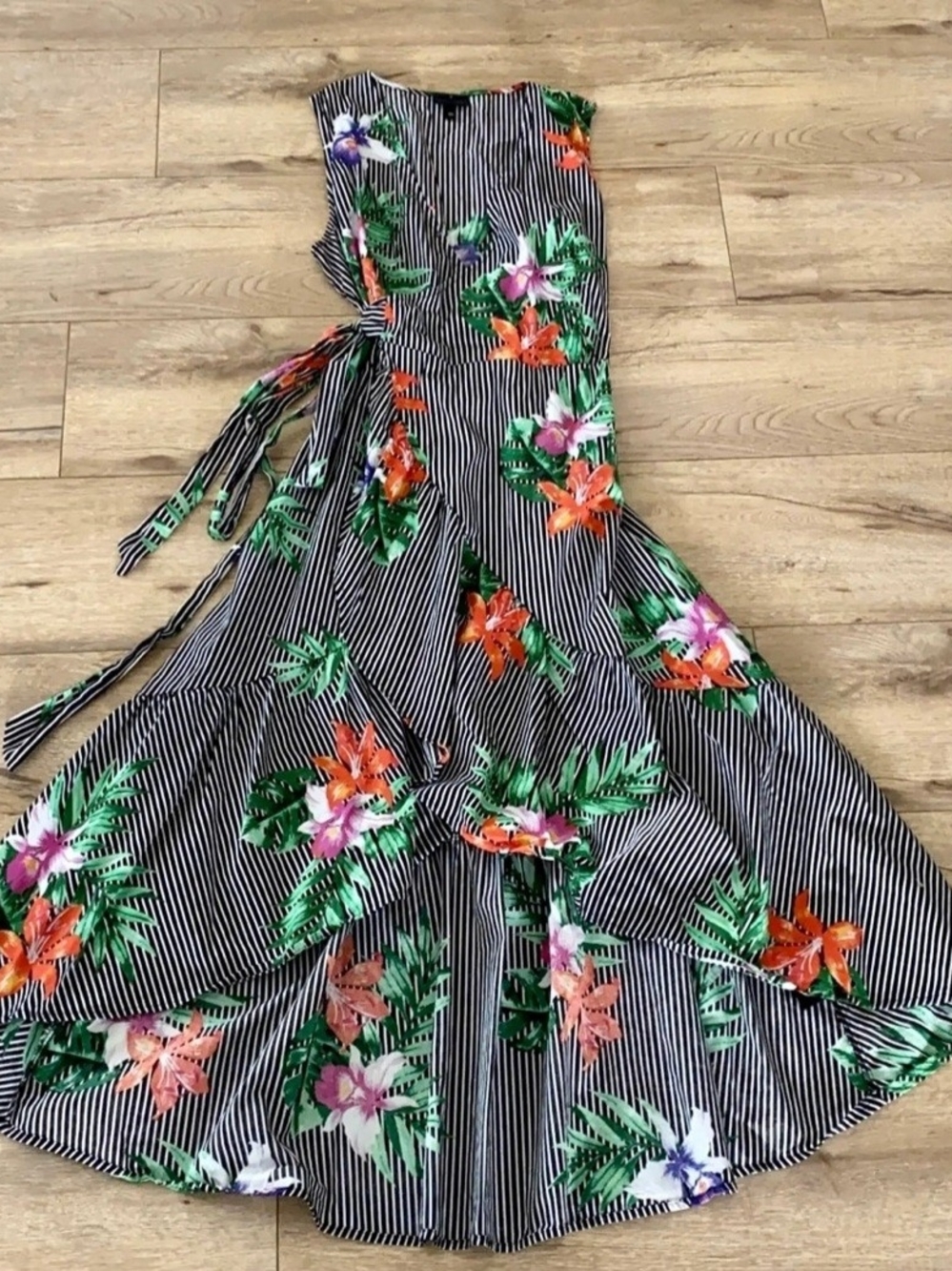 XXL Floral Stripe Wrap Maxi Dress - Black & Multicolor